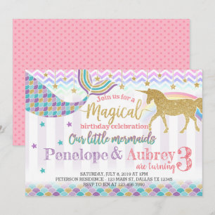 Unicorn Mermaid Birthday Party Invitation Invite