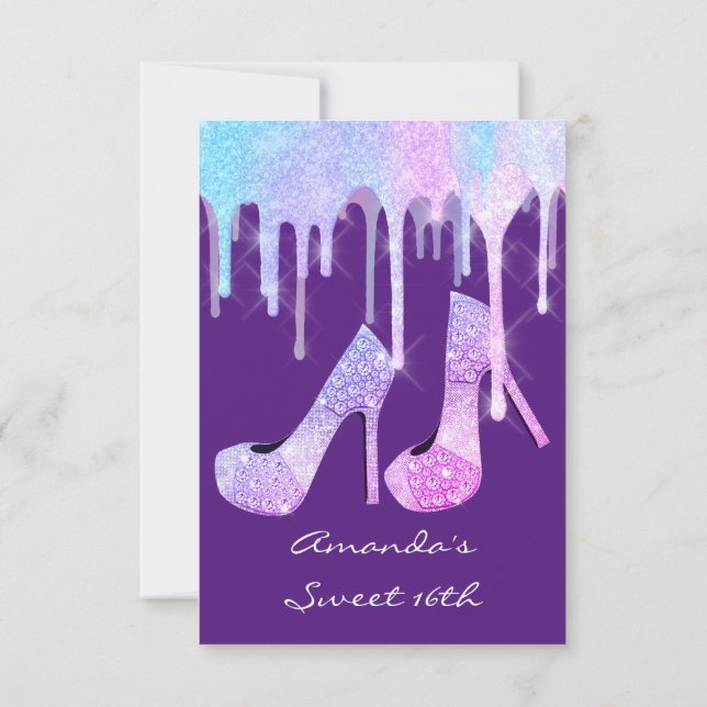Unicorn Mermaid Drips Holographic Girly Heels Purp Invitation (Back)