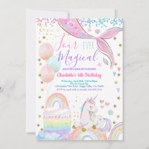 Unicorn Mermaid Magical 4th Birthday Party Invitation