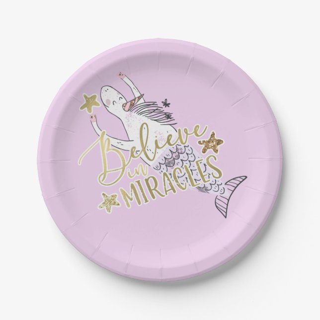 Unicorn Mermaid Modern Trendy Believe in Miracles Paper Plate (Front)