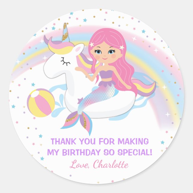 Unicorn Mermaid Pool Birthday Stickers (Front)
