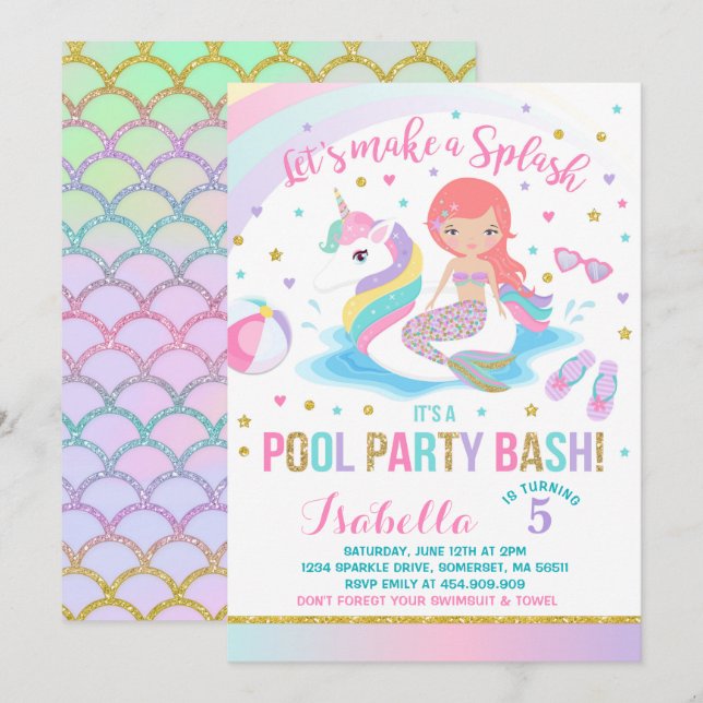 Unicorn & Mermaid Pool Party Birthday Invitation (Front/Back)