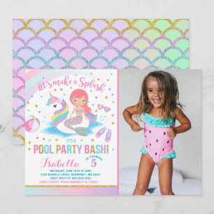 Unicorn & Mermaid Pool Party Birthday Invitation