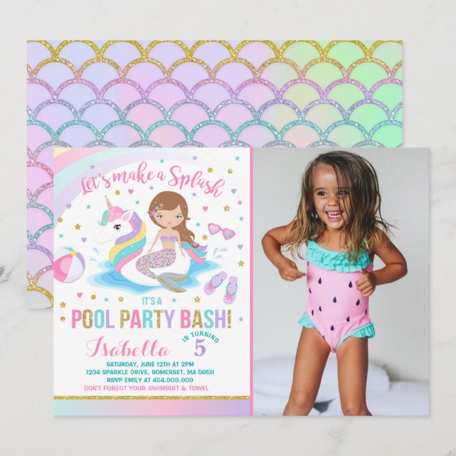 Unicorn & Mermaid Pool Party Birthday Invitation (Front/Back)