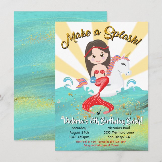 Unicorn Mermaid Pool Party Birthday Party Invitation (Front/Back)