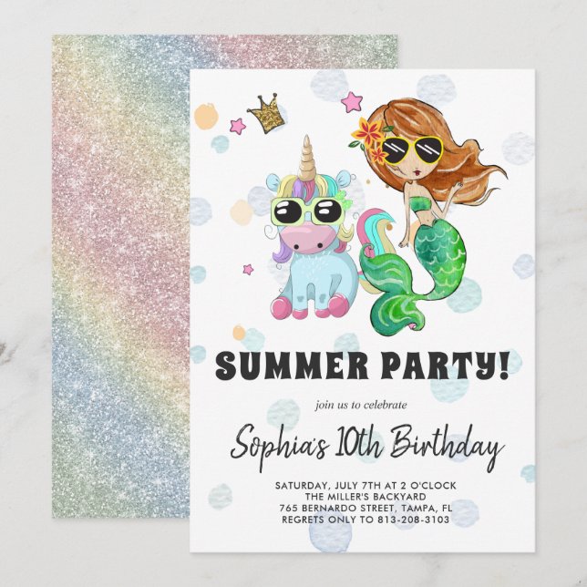 Unicorn & Mermaid Pool Party Invitation (Front/Back)
