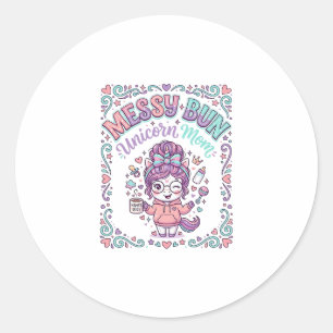 Unicorn Messy Bun Unicorn Mom Retro Style Graphic Classic Round Sticker