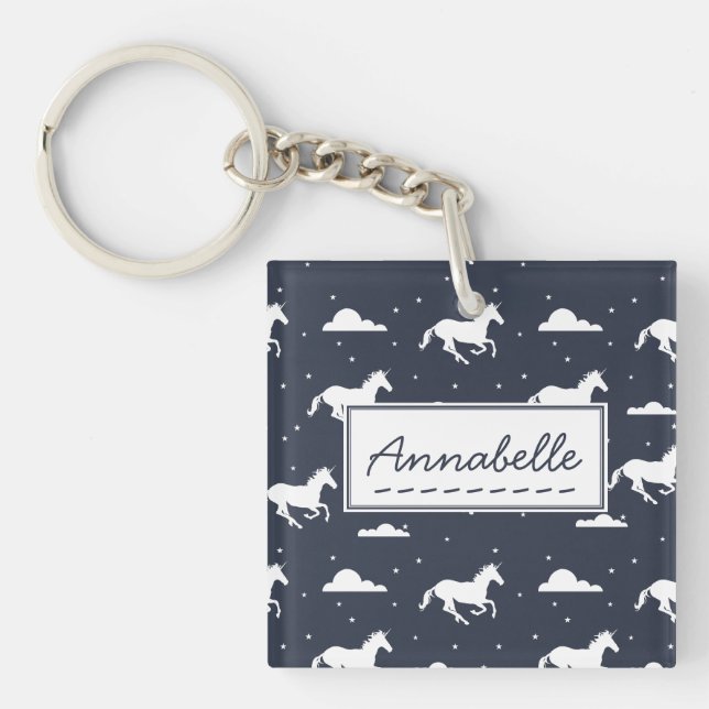 Unicorn Midnight Blue Sky Pattern Personalised Keychain (Front)
