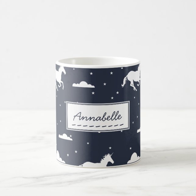 Unicorn Midnight Sky Pattern Personalised Blue Coffee Mug (Center)
