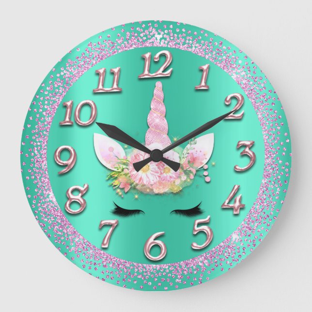 Unicorn Mint Gold Numbers Girly Glitter Spark Pink Large Clock (Front)