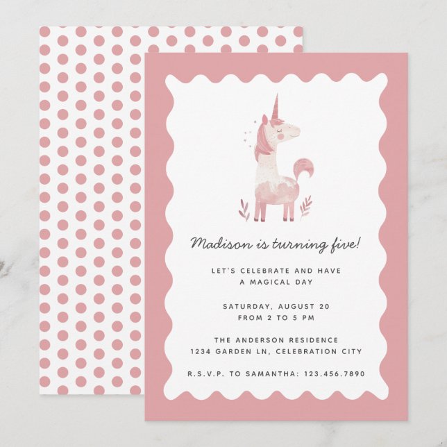 Unicorn Modern Magical Pink Wavy Frame Birthday Invitation (Front/Back)