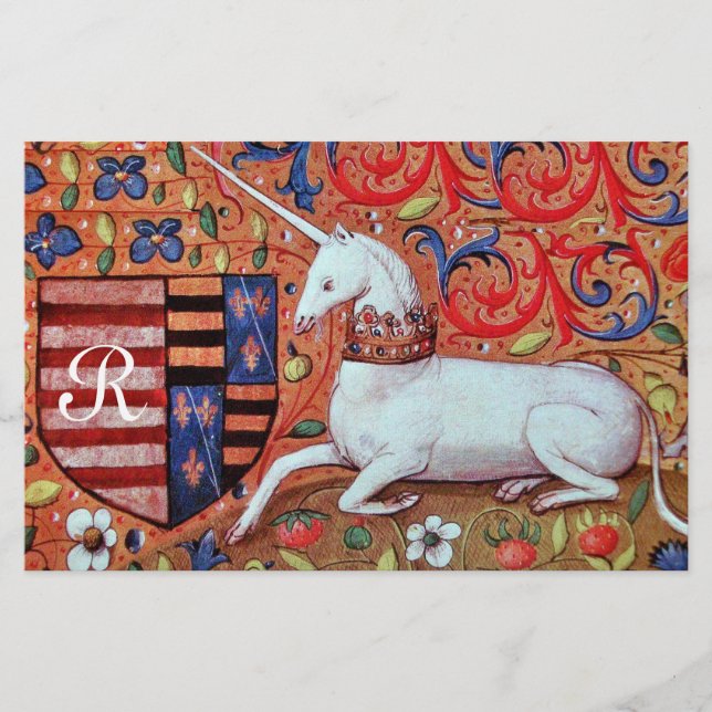 UNICORN MONOGRAM BROWN FLORAL PARCHMENT STATIONERY (Front)