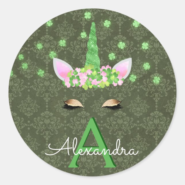 Unicorn Monogram Green St. Patrick's Day Classic Round Sticker (Front)