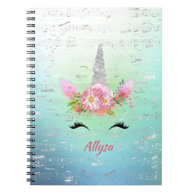 Unicorn Music Horn and Floral Eyelashes Notebook (Front)