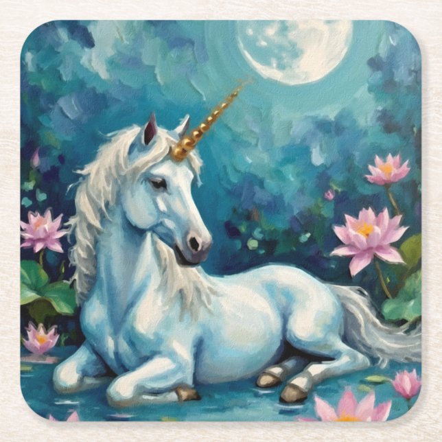 Unicorn Mystic Garden Square Paper Coaster (Front)