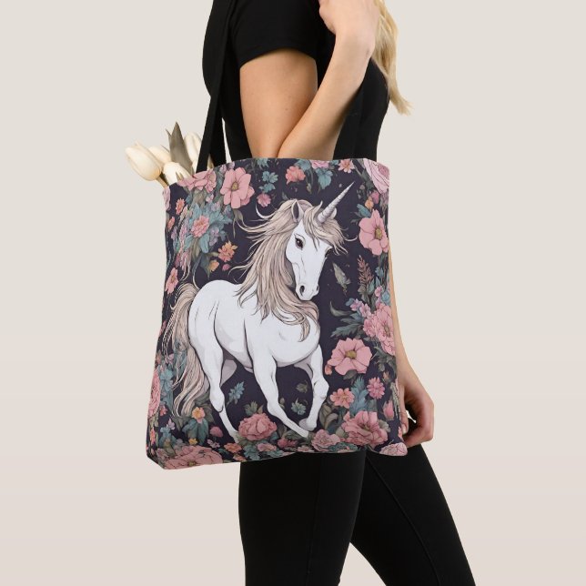 Unicorn Mythical Animal Flowers Tote (Close Up)