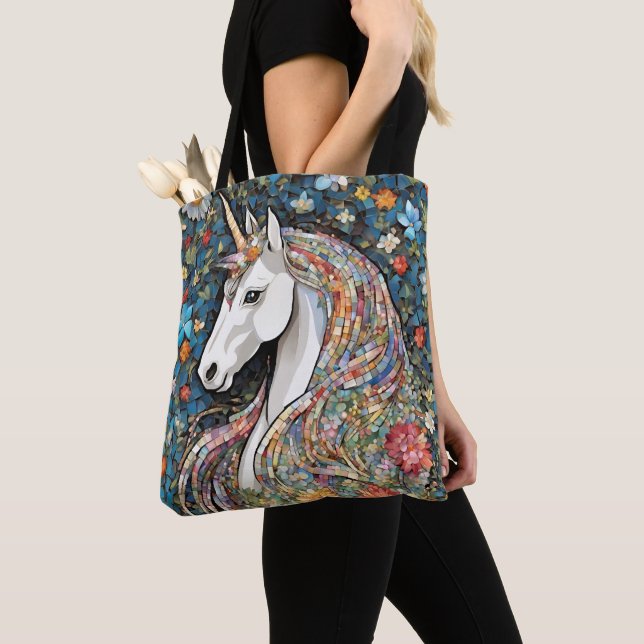 Unicorn Mythical Creature Animal Floral Tote Bag (Close Up)