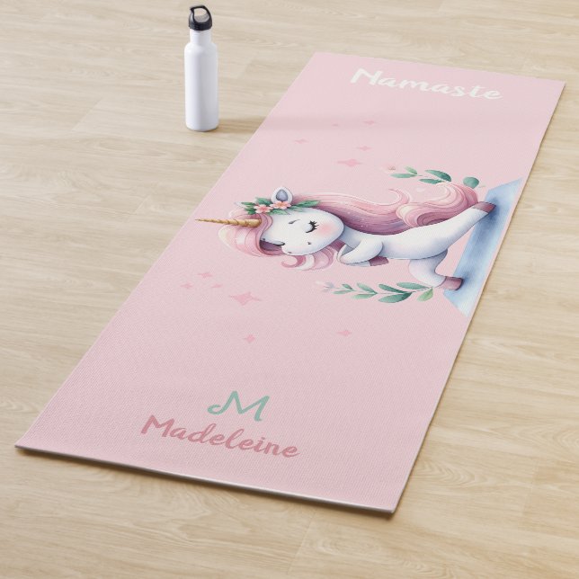 Unicorn Namaste Yoga Cute Funny Pink Name Monogram Yoga Mat (In Situ)