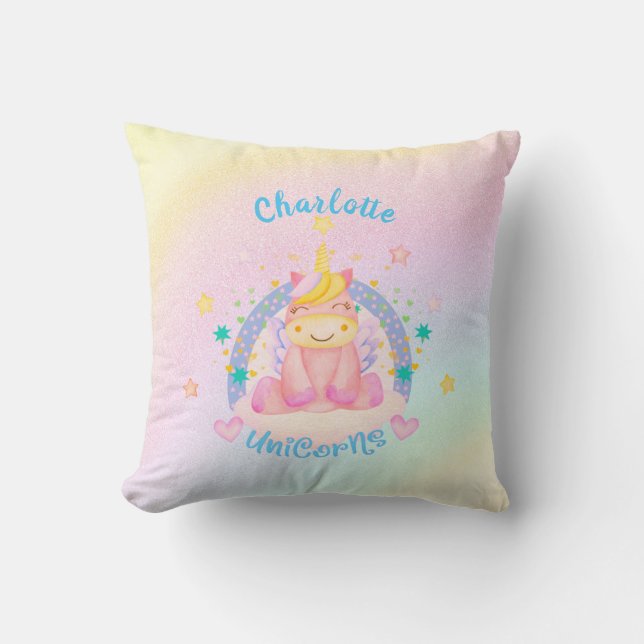   Unicorn Name Nursery Kids Room Decor Rainbow Throw Pillow (Front)