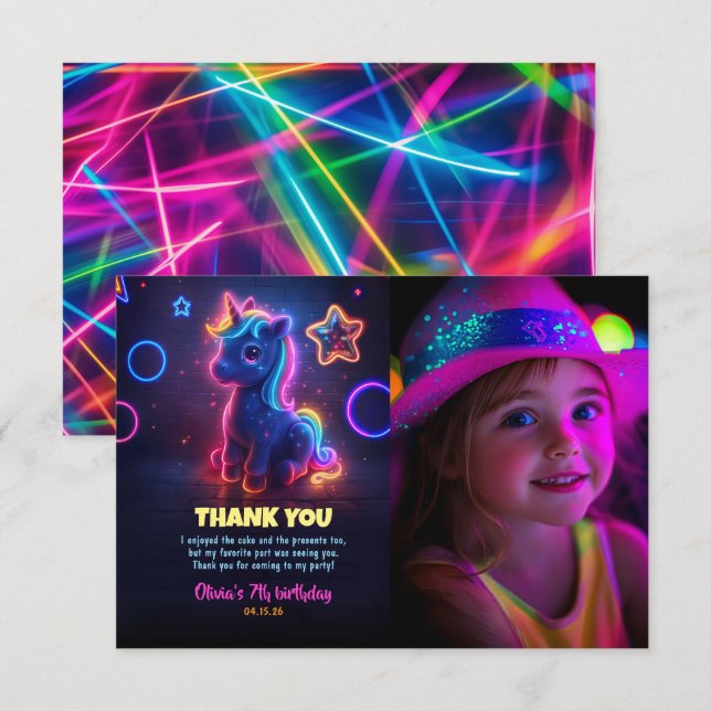 Unicorn Neon fête d'anniversaire Merci photo (Devant / Derrière)
