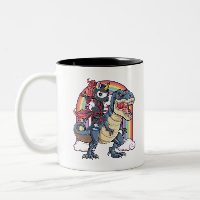 Unicorn Ninja Riding Dinosaur Two-Tone Coffee Mug (Left)