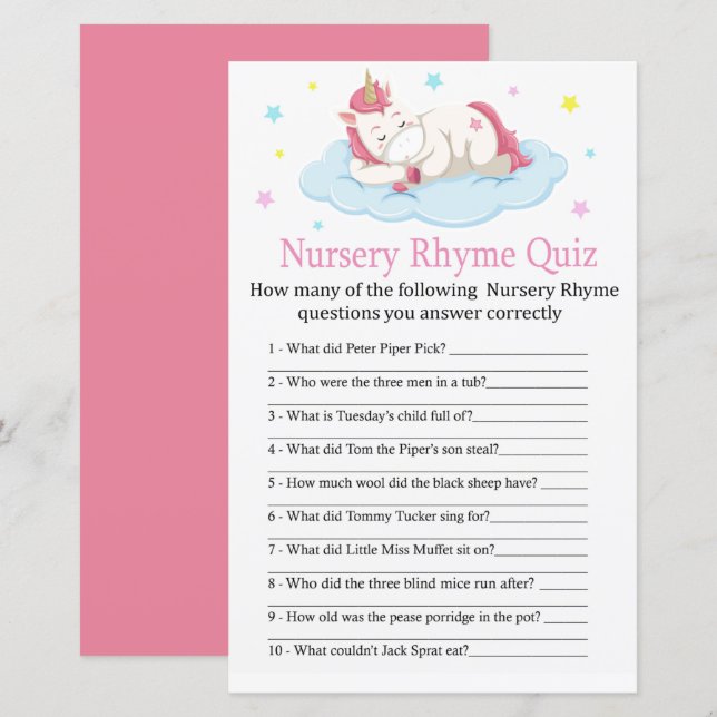 Unicorn Nursery Rhyme Quiz baby shower game (Front/Back)