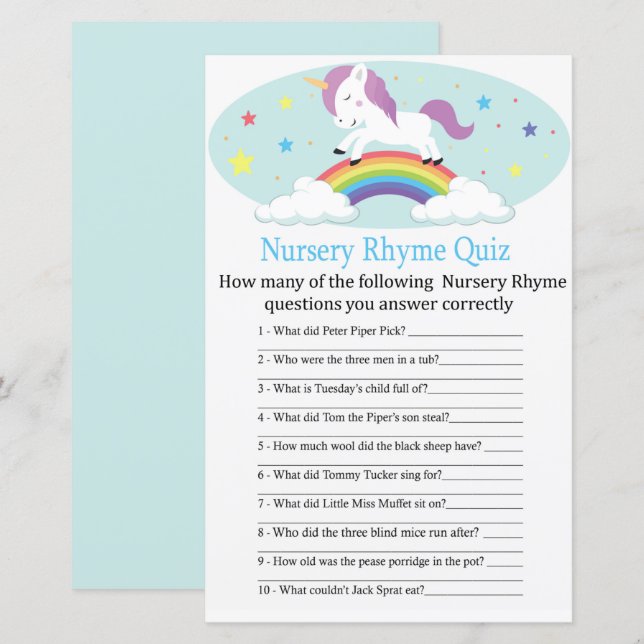 Unicorn Nursery Rhyme Quiz baby shower game (Front/Back)