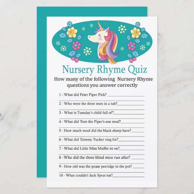 Unicorn Nursery Rhyme Quiz baby shower game (Front/Back)