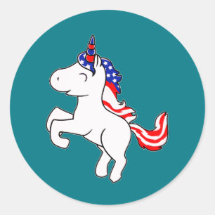 Unicorn Off White Patriotic USA Flag Mane Cartoon Classic Round Sticker