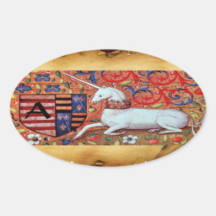 UNICORN OLD BROWN PARCHMENT MONOGRAM OVAL STICKER