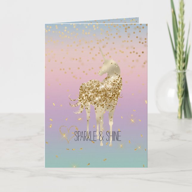 Unicorn Ombre Gold Confetti Glitter Heart Card (Front)