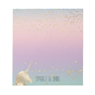 Unicorn Ombre Gold Confetti Glitter Heart Notepad