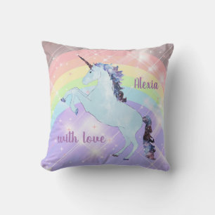Unicorn on a rainbow background. throw pillow