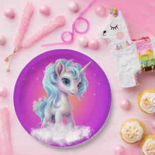 Unicorn on cloud with pink vibrant sky paper plate
