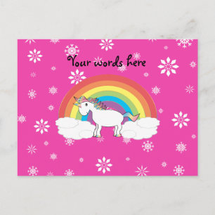 Unicorn on clouds pink snowflakes postcard