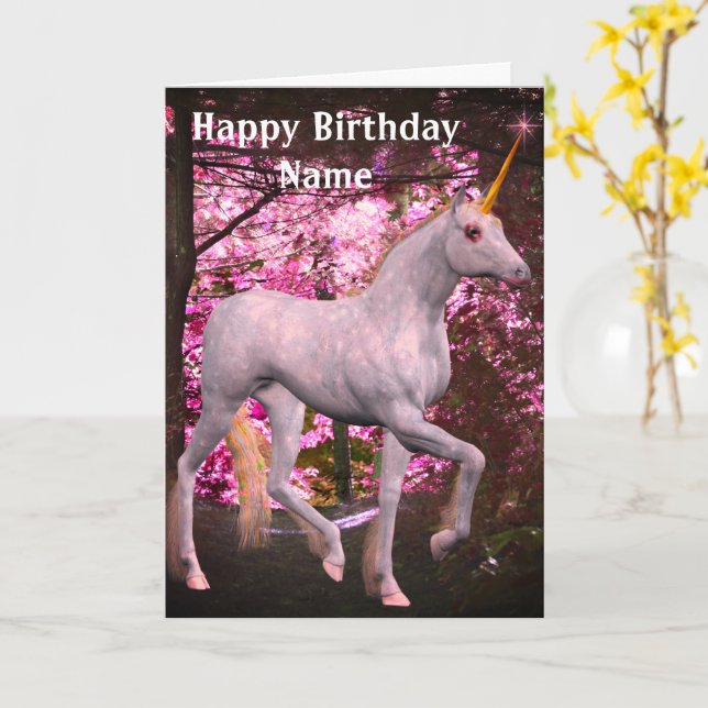 Unicorn On Forest Path Personalized Birthday Card (Yellow Flower)