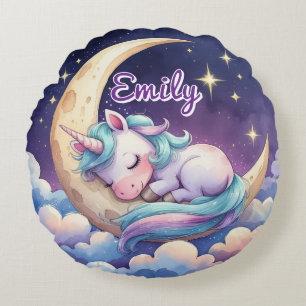 Unicorn on Moon Editable Name Round Pillow