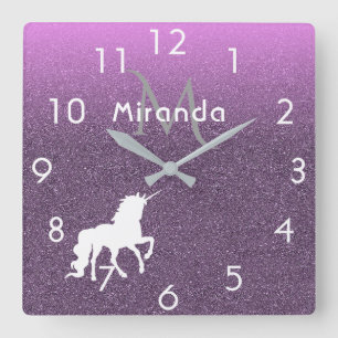 Unicorn on ombre ultra violet glitter and pink square wall clock