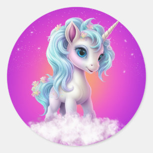 Unicorn on pink sky/stars/cloud classic round sticker