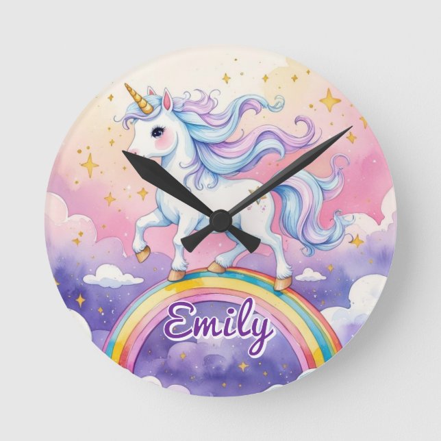 Unicorn on Rainbow Editable Name Clock (Front)