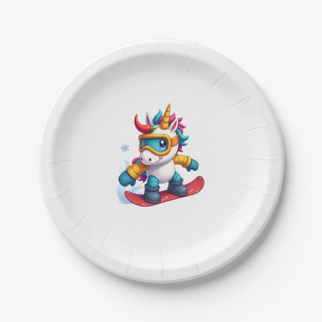 Unicorn on Snowboard - Funny Ski and Wintersports  Paper Plate (Front)