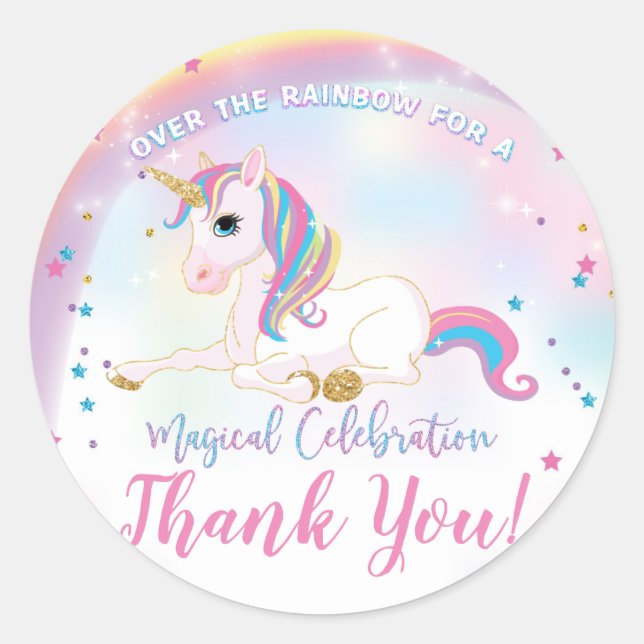 Unicorn Over The Rainbow Birthday Thank You Favour Classic Round Sticker (Front)