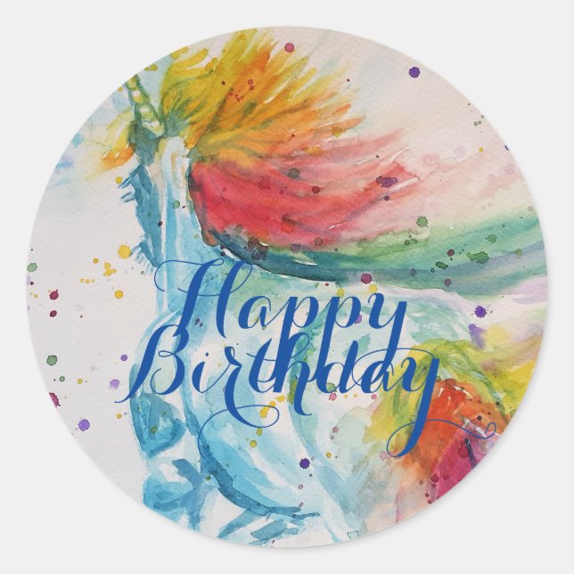 Unicorn Painting Happy Birthday Watercolour Art Classic Round Sticker (Front)
