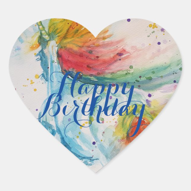 Unicorn Painting Happy Birthday Watercolour Art Sq Heart Sticker (Front)