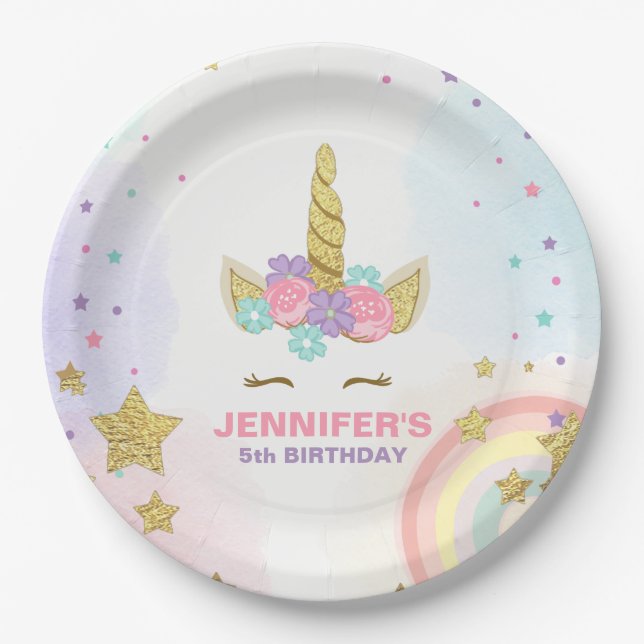 Unicorn Paper Plates Pink Gold Magical Birthday (Front)