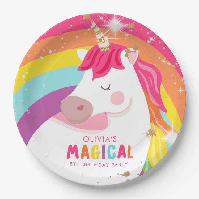 Unicorn Paper Plates Pink Rainbow Magical Birthday (Front)