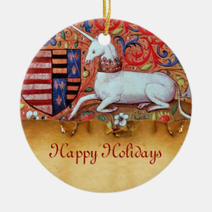 UNICORN PARCHMENT WITH RED RUBY GEMSTONE CERAMIC ORNAMENT