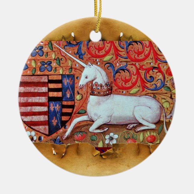 UNICORN PARCHMENT WITH RED RUBY GEMSTONE CERAMIC ORNAMENT (Front)
