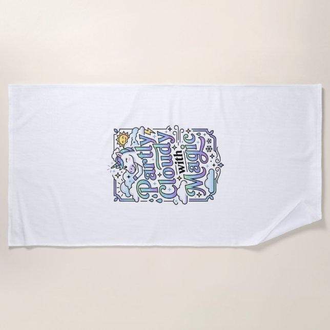 Unicorn Partly Cloudy with Magic Commercial Vector Beach Towel (Front)