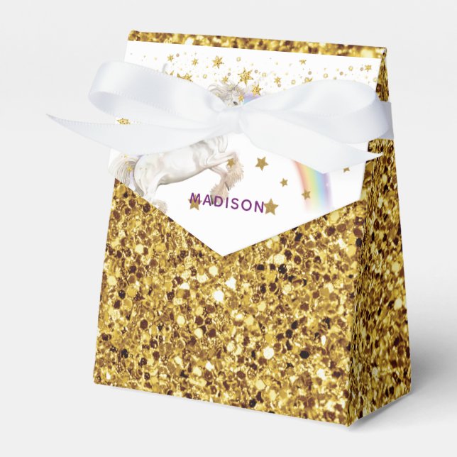 Unicorn Party Gold Glitter Personalized Favor Box (Front Side)